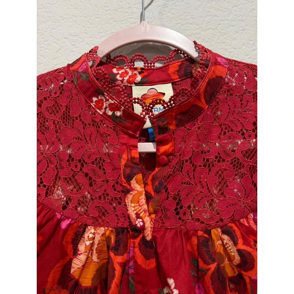Farm Rio Floral Lace Blouse Red XS Puff Sleeve Button up Boho Lightweight Cotton